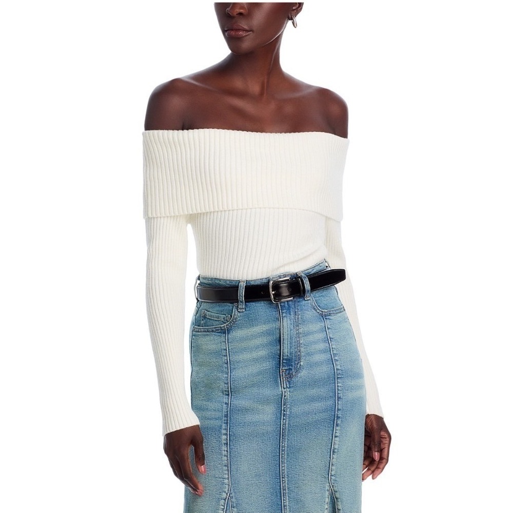 BLANKNYC Off-the-Shoulder Ribbed Knit Sweater Fast Talker‎ Cream White MEDIUM